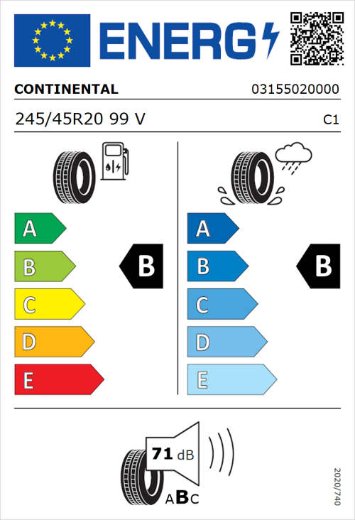 Tyre Label for Continental PremiumContact C 245/45R20 99V